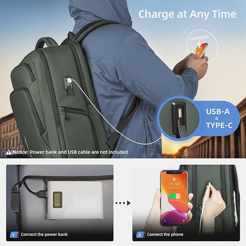 17.3 Inch Laptop Backpack for Travel Work Office College, 30L Water Resistant Casual Daypack, Lightweight Computer Backpack for Men Women, Business Laptop Bag with USB Charging Port - Green