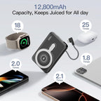 2025 Updated M3 Ultra Slim 0.4'' Wireless Power Bank, 12800mAh Magnetic Portable Charger with Built in Cable and Strap, LED Battery Pack Travel Essentials for iPhone 16/15/14/13/12/Pro/Pro Max Andriod