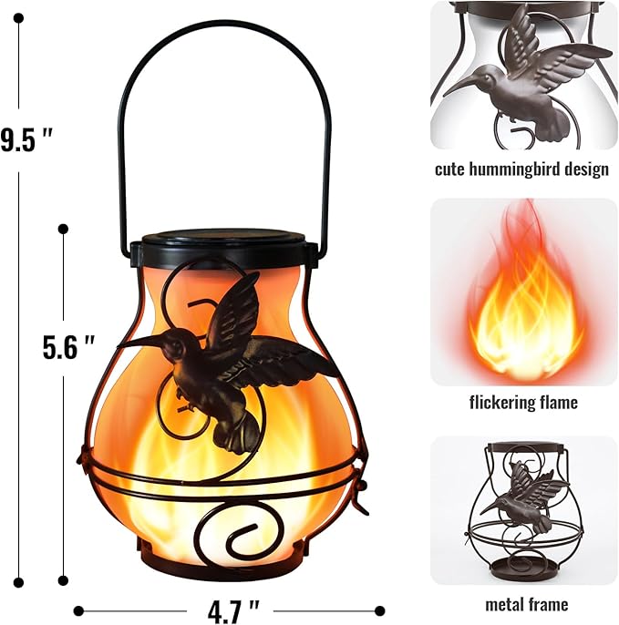 2 Pack Solar Lanterns Outdoor Waterproof Flickering Flame Lights Hummingbird Metal Hanging Solar Lantern Patio Porch Garden Decoration