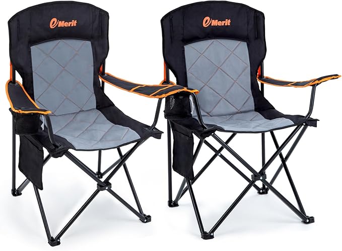 EMERIT 2 Pack Oversized Padded Camping Chair, 350LB Heavy Duty Quad Fold Chair with Arms, Collapsible Outdoor Chairs with Lumbar Back & Cup Holder