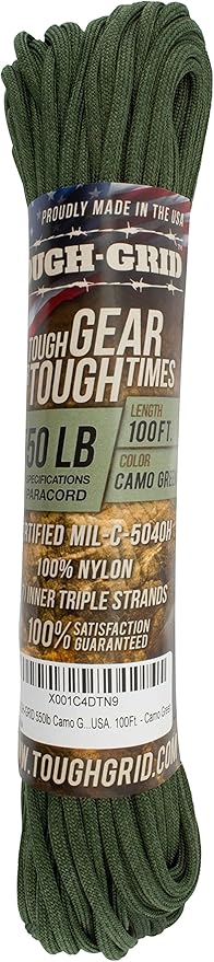 TOUGH-GRID 550 Paracord Rope Nylon Parachute Cord, Made in USA Survival Kit, Outdoor Adventures, Camping, Tactical Gear & Emergency Supplies, Military Type III Mil-Spec