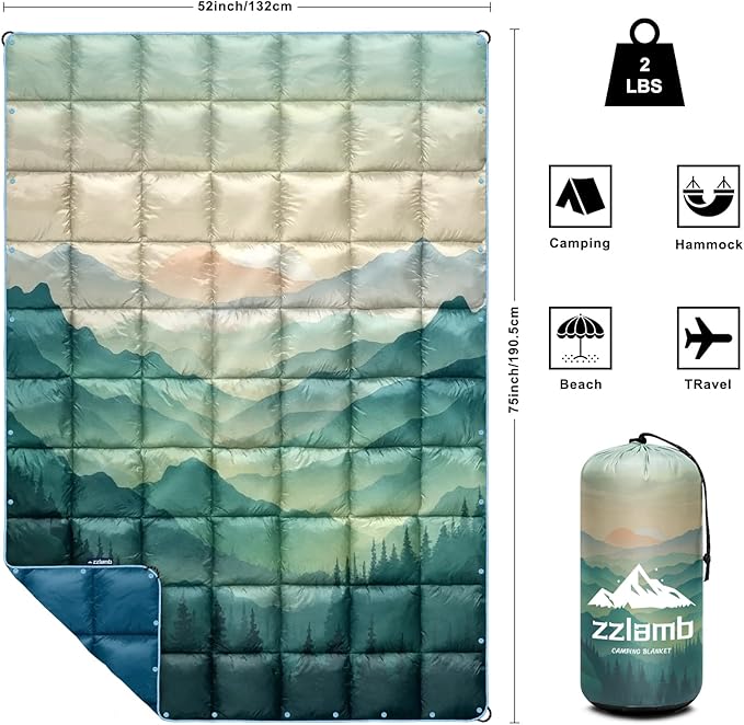 zzlamb Camping Blanket, Outdoor Lightweight Travel Blanket Puffy Portable Down Alternative, Windproof Warm Cloak with Snaps, Cozy Quilt Backpacking Picnic RV Plane Car Hammock Beach Climbing