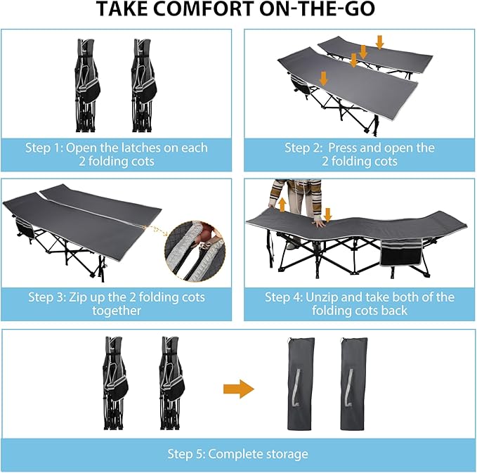 REDCAMP 2 Person Oversize Camping Cots for Adults, 56'' Extra Wide Sleeping Cots Heavy Duty, XXXL Cots Portable for Outdoor Indoor Office, Grey