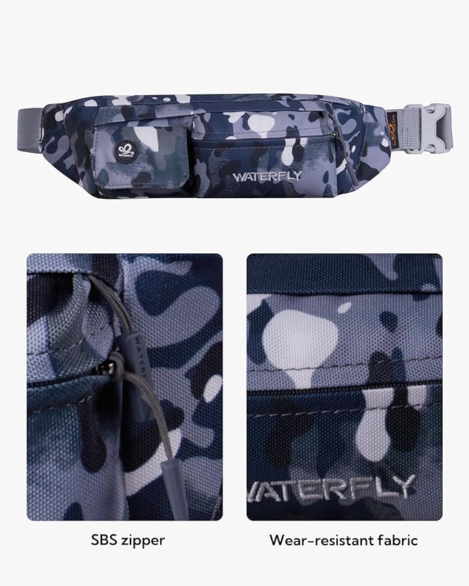 Waterfly Fanny Pack Slim Soft Polyester Water Resistant Waist Bag for Man Women Carrying iPhone Xs / 8 Plus Samsung S10 Plus/Note 8, Camouflage Black