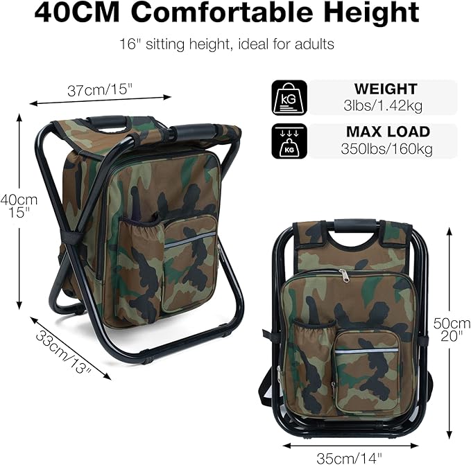 Heavy Duty 350lbs Backpack Cooler Chair for Adults, Folding Camp Stool with Cooler for Fishing, Camouflage