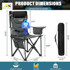 Oversized High-Back Camping Chairs with Pillow, Dual Cup Holders & Cooler Bag - Heavy Duty Foldable Outdoor Chair for Adults, Picnic, Fishing, Backyard, Sports （BlackGrey）