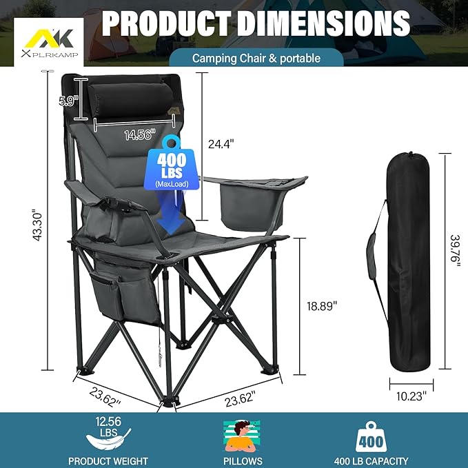 Oversized High-Back Camping Chairs with Pillow, Dual Cup Holders & Cooler Bag - Heavy Duty Foldable Outdoor Chair for Adults, Picnic, Fishing, Backyard, Sports （BlackGrey）