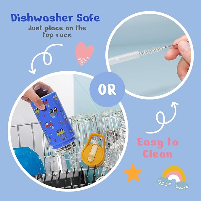 2 Pack Insulated Kids Water Bottle, BUZIO 14oz Stainless Steel Water Bottles with Tritan Straw Lid, BPA-FREE Lead-Free Double Wall Leak Proof Drink Cups Flask for School (Blue Car +Blue Dinosaur)