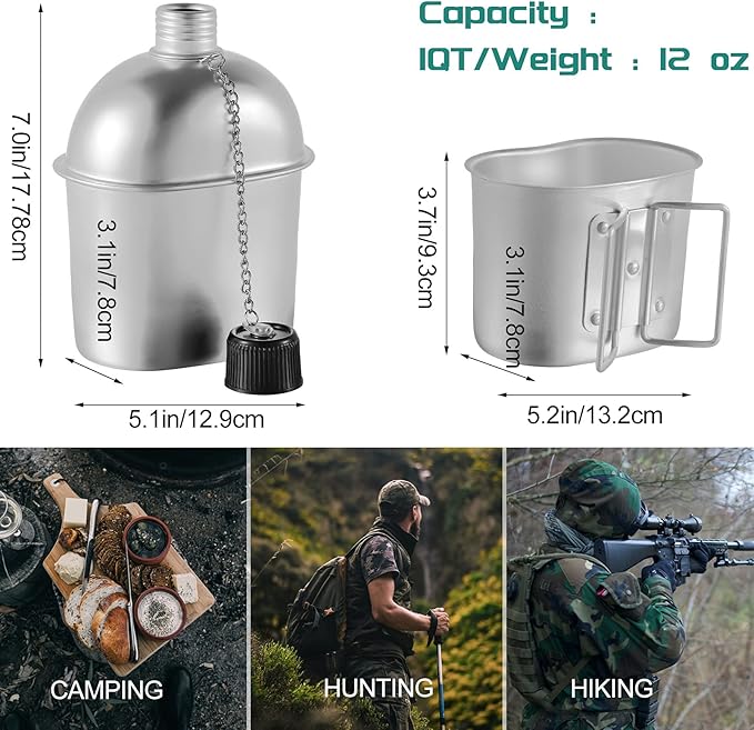 Military Canteen Cookware Set Include 1 QT Military Army Aluminum Alloy Canteen 0.5 QT Multi-Functional Water Bottle with Grab Handled Cup Green Canvas Cover Bag for Outdoor Camping Hiking