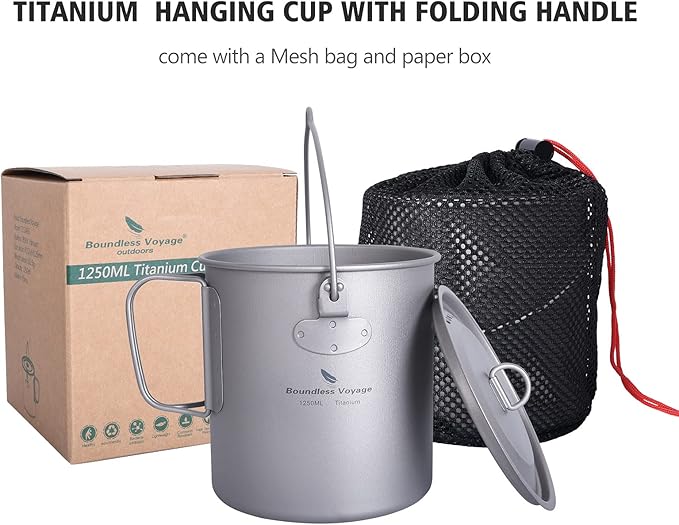 iBasingo 1250ml Titanium Hanging Mug with Lid Tea Coffee Water Cup Outdoor Camping Pot Ultra-light Portable Hiking Backpacking Cooking Kit Picnic Tableware Drinkware with Foldable Handle Ti3042D
