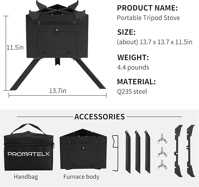 Portable Tripod Camping Stove,Wood-Burning Rocket Stove with Carry Bag, Ideal for Camping, Backyard Cooking & Outdoor Adventures