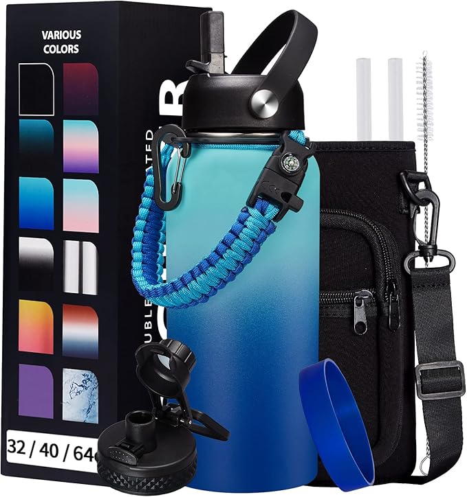 Stainless Steel Flask Water Bottle - 32oz/40oz/64oz Insulated Water Bottle with Straw & Spout Lids, Paracord Handle, Strap Sleeve, Protective Cup Mat, Hydro Thermo Perfect for Sports Office