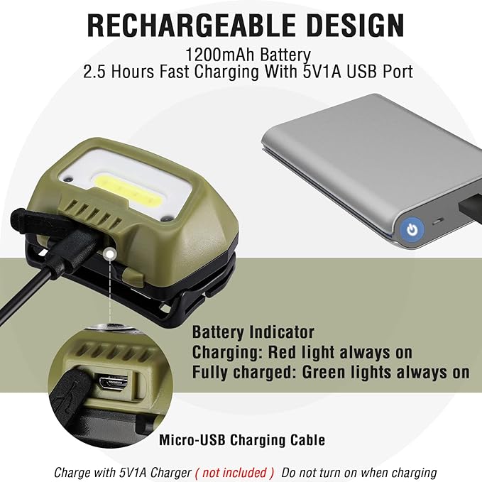 EverBrite Rechargeable Headlamp, LED Bright Motion Sensor Head Lamp Flashlight with 6 Modes, Adjustable Headlight for Adults with White Red Light, Water Resistant, Green, for Hiking, Running, Camping