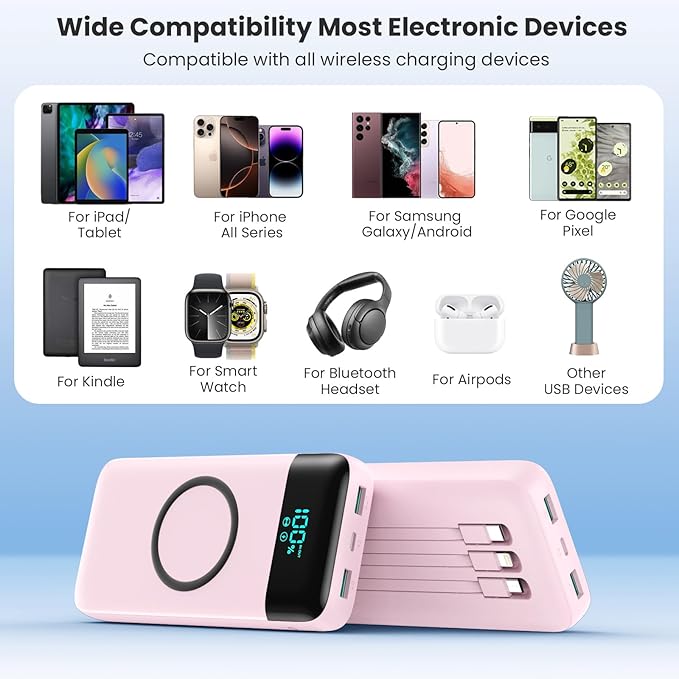 Wireless Portable Charger 40800mAh for iPhone with 3 Built-in Cables,7-in-1 15W Wireless Charging USB C Power Bank,LCD Display 25W PD QC 4.0 Fast Charging Battery Pack for iPhone 16/15/14/13/12-Pink