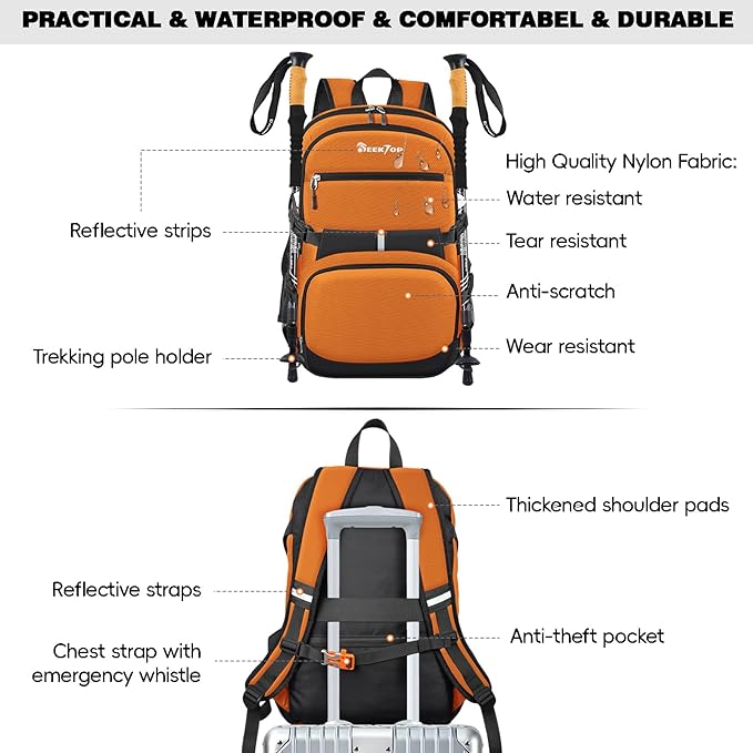 Seektop 40L Hiking Backpack Foldable Daypack for Women Men, Lightweight Travel Backpack Carry on Flight Approved Work Business Leisure Bag (Orange)