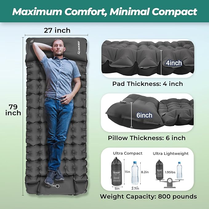 Sleeping Pad for Camping, 4in Thickness Inflatable Sleeping Mat with Adjustable Pillow & Built-in Foot Pump,Lightweight Camping Air Mattress with Waterproof Nylon for Hiking (Grey, Single)