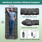 Sleeping Pad for Camping, 4in Thickness Inflatable Sleeping Mat with Adjustable Pillow & Built-in Foot Pump,Lightweight Camping Air Mattress with Waterproof Nylon for Hiking (Grey, Single)