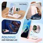 Wireless Charging Station for Apple Devices: 3 in 1 Foldable Qi Compact Case-Friendly Charger Stand for iPhone 17-12 & Apple Watch & AirPods Charging Dock for Travel Home Office Desk Nightstand (Pink)
