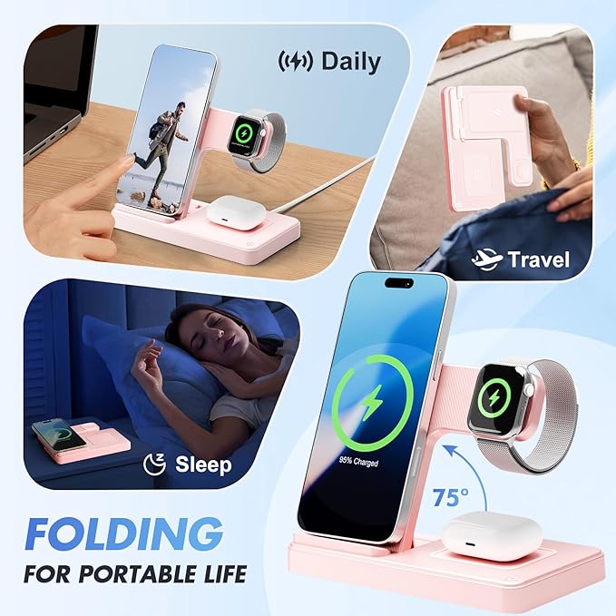 Wireless Charging Station for Apple Devices: 3 in 1 Foldable Qi Compact Case-Friendly Charger Stand for iPhone 17-12 & Apple Watch & AirPods Charging Dock for Travel Home Office Desk Nightstand (Pink)