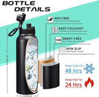 40OZ Insulated Water Bottle with Auto Spout Lids, Straw Lids, Paracord Handle for Sport, Protective Cup Mat, BPA-Free Reusable Insulated Water Bottle - Black Water Jug with Straw