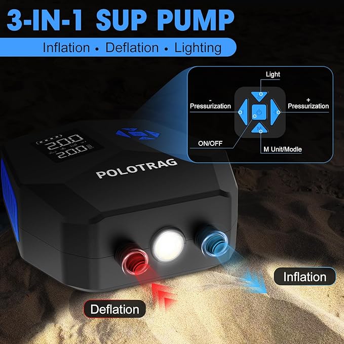 Paddle Board Pump, Rechargeable SUP Pump Electric, 20PSI Portable Paddleboard Pump with Inflation & Deflation, Auto-Off for Inflatables, Kayak, Towable Tube and Air Mattress