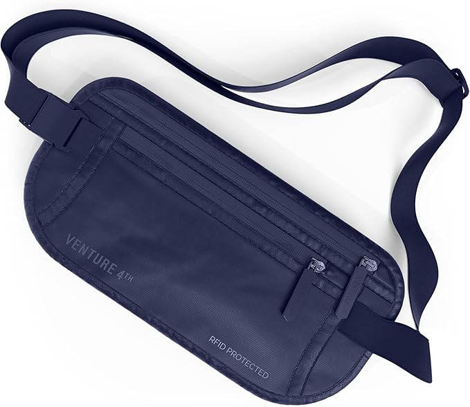 VENTURE 4TH Money Belt for Travel – Slim Hidden Under-Clothes RFID Blocking Anti-Theft Passport Holder & Travel Wallet Pouch for Men & Women to Protect Cash, Cards & Documents (Sleek Navy Blue)