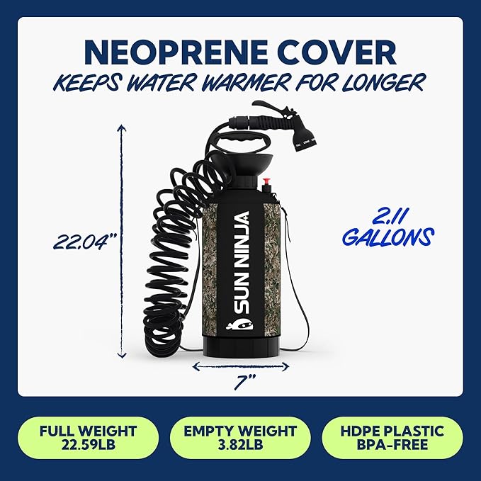 SUN NINJA Portable Shower, Camping Shower with 7 Mode Shower Head, Neoprene Cover Helps Keep Water Warm, High Pressure Hose, Easy to Carry