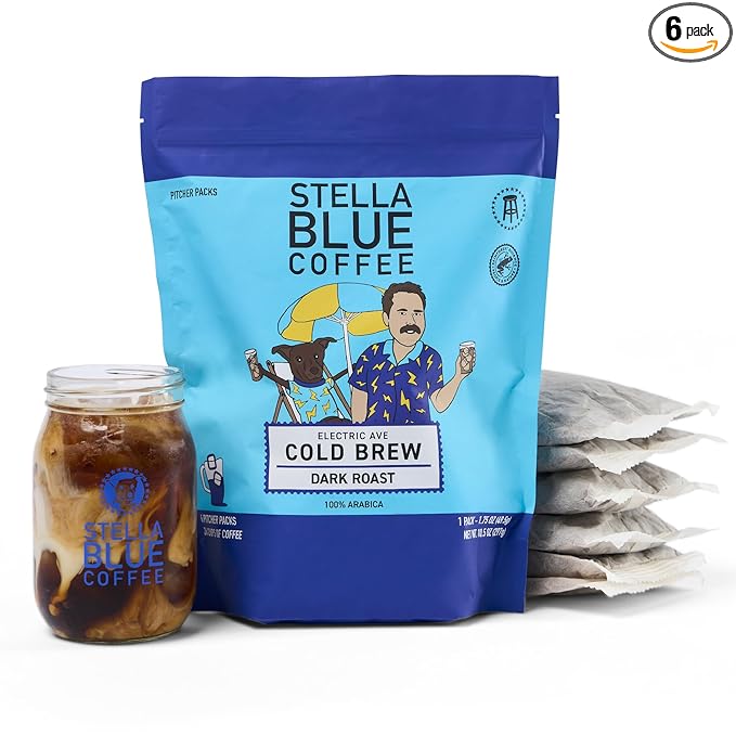 Stella Blue Cold Brew Coffee Packets, Electric Avenue Blend, Dark Roast Ground Coffee, Toffee, Dark Chocolate, and Subtle Smokey Notes, 100% Arabica, 6 Brew Packets, Makes 24 Bold Cups