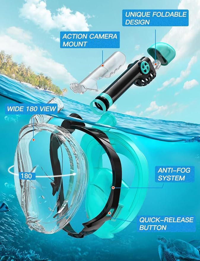 Zenoplige Full Face Snorkel Mask Adults,Dry-Top Snorkeling Gear with Camera Mount,Foldable 180-Degree Panoramic Scuba Mask for Snorkeling Diving Swimming Travel,Snorkel Mask Anti-Fog & Anti-Leak