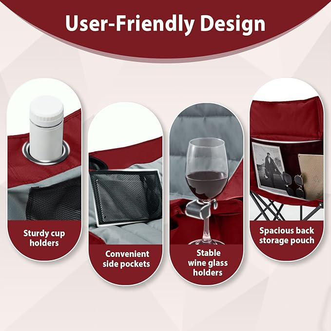 Oversized Camping Chair, Double Folding Loveseat Camping Couch with Pocket, Cup Holder and Carry Bag, Heavy Duty Portable Camping Chairs for Adults, Fishing, Sports, Trip, up to 660lbs, Red