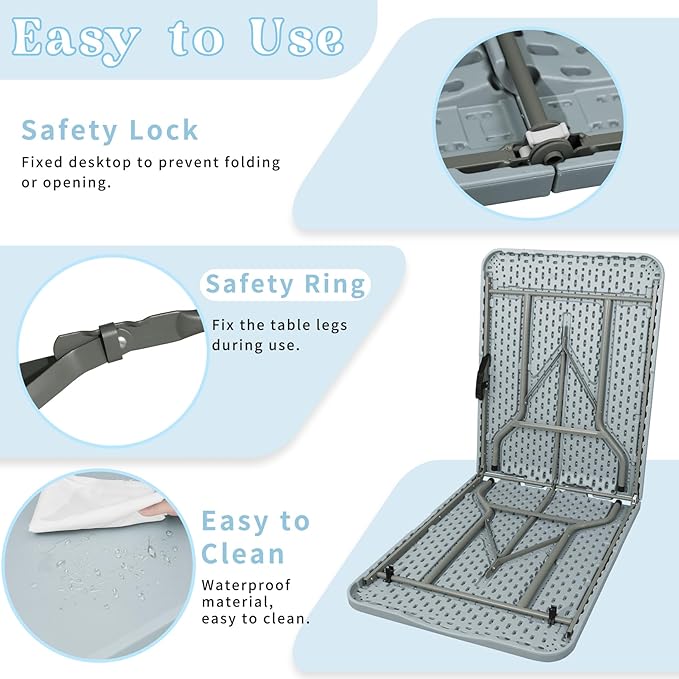 Set of 2 Folding Table 6 FT Lightweight Camping Table Portable Plastic Rectangular Outdoor Dining Table Steel Legs Fold-in-Half with Carrying Handle for Indoor,Picnic,Party,Wedding,Events(Grey)