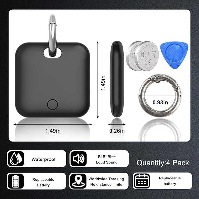 Smart Tracker Tags-4 Pack(iOS Only) Compatible with Apple with 2 Batteries,Replaceable Battery,Bluetooth Luggage Smart GPS Tag Works with Apple Find My APP,Item Finders for Dog/Key/Luggage