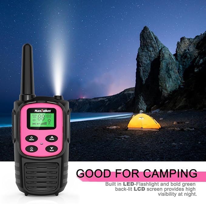 Walkie Talkies Long Range for Adult, MT10 Rechargeable Walkie Talkies FRS Two Way Radio, NOAA, 1200mAh Li-ion Battery USB-C Cable, LED Flashlight,VOX Walkie Talkie for Camping 2Pack (Pink)
