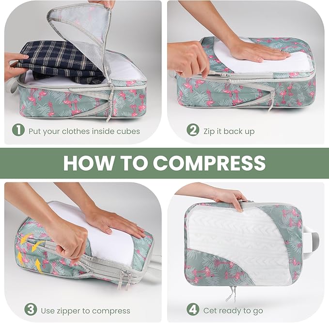 10 Set Compression Packing Cubes, Lightweight Travel Essentials, Stretchable Expandable Storage Bags, Compression Bags for Travel Accessories Luggage Storage Set (Green, 10 set)