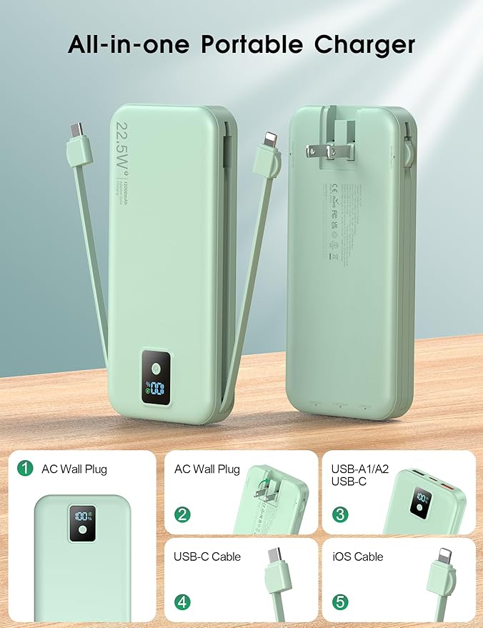 Portable Power Bank, 12000mAh 22.5W Fast Charging Phone Charger with Built-in Cables & Wall Plug, Travel Essential Battery Pack with LED Display, USB C Battery Charging Bank for iPhone, Samsung Green