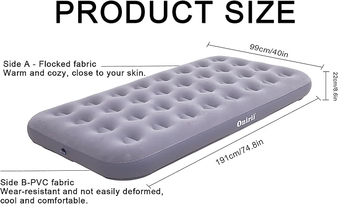 Twin Size Single Camping Air Mattress Bed with Air Pump,Inflatable Air Mattress,Thickened Portable Blow Up Bed,Travel Sleeping Pad for Truck Tent Camping/Home/Hiking(Grey)