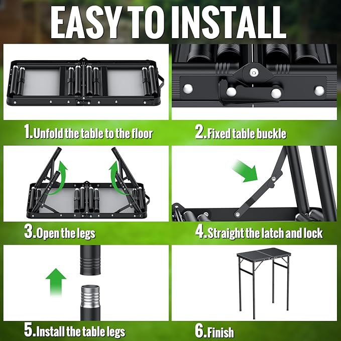 GARLLEN 2ft Folding Camping Table, 3 Adjustable Height Lightweight Picnic Table, Portable Aluminum Grill Table for Outdoor, Camping, Grill, Threaded Install, 23.6" L x 15.7" W, Black