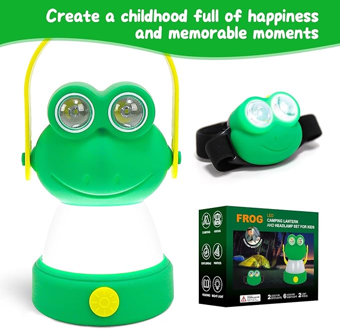 Outdoor Equipment LED Camping Lantern & Headlamp Set for Kids, Battery Powered Night Light, Theme Gift for Children's Day, Birthday, Lightweight Tent Lamp for Children (Frog Set)