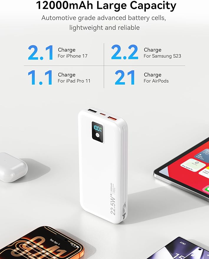 Portable Charger, 12000mAh 22.5W Fast Charging Power Bank with Built-in Cables & Wall Plug, Travel Essentials Battery Pack with LED Display, USB C External Battery Bank for iPhone iPad, Samsung White
