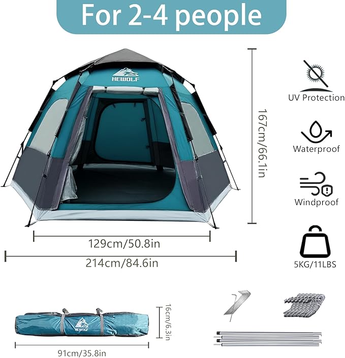 Hewolf 2/3/4 Person Camping Tent - Instant Pop Up Waterproof 2 Doors Tent with Easy Setup | 3-Season Hexagonal Dome Design for Family, Hiking & Traveling