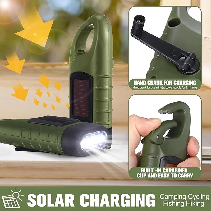 Mudder 6 Pcs Hand Crank Solar Powered Flashlights Emergency Rechargeable LED Handheld Flashlights for Survival Gear Outdoor Sports Camping Hiking Backpack Safety (Green)