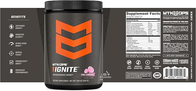 MTN OPS Ignite Energy Drink Powder, Gluten Free Nootropic Supplement Drink Mix, L Arginine, L Citrulline, Caffeine & Nootropic Sugar Free Drink Mix, 45 Servings, Pink Lemonade