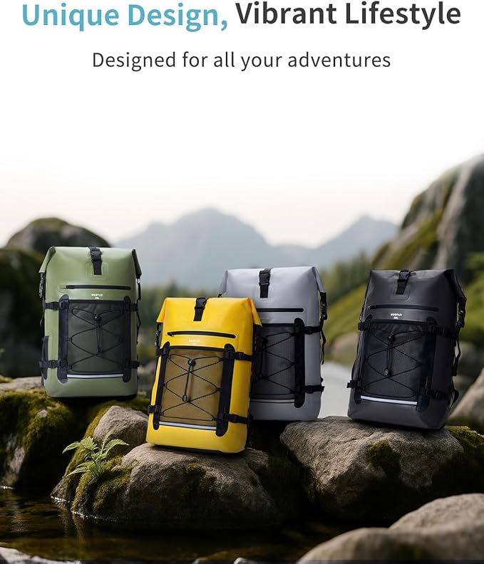 ECOHUB Waterproof Backpack for Women Men, 30L Roll-Top Closure Heavy Duty Dry Bag for Travel with IPX8 Waterproof Phone Case