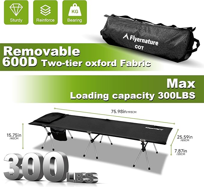 Camping Cot,Ultra-Lightweight Folding Backpacking Cot,300 LBS Weight Capacity,Adult Portable Camping Bed,Suitable for Camping,Hiking,Travel,Home,Office,Sleeping,Black.75" x 26" x 15.8"