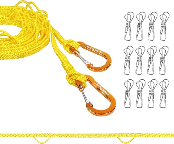 Portable Travel Clothesline, Windproof Clothes Laundry Line with Clothespins & Hang Holes, Indoor & Outdoor Clothes Drying Rope for Hotel, Backyard,Cruise Ships, Camping (Yellow, 12.5 Ft)