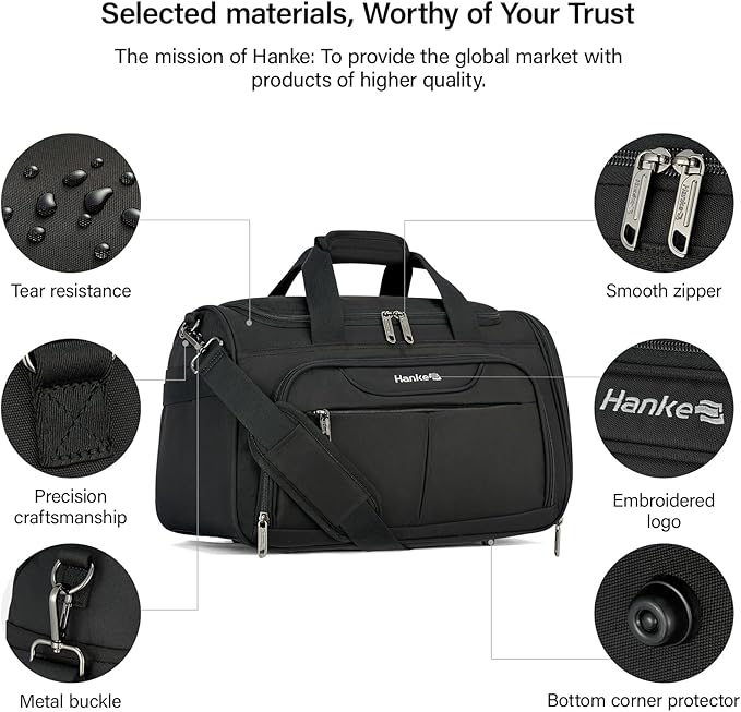 Hanke Small Travel Duffel Bag, Under Seat Carry On Personal Item Bag with 11 Pockets, Lightweight Water Resistant Foldable Weekender Bag with Trolley Sleeve for Travel Gym Daily Use（Black）