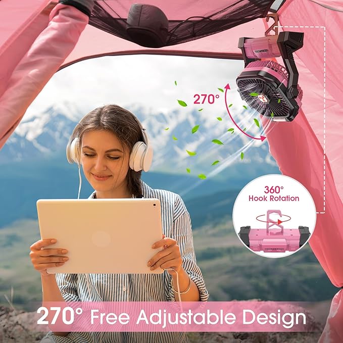 Portable Fan Rechargeable, 20000mAh Cordless Battery Powered Table Fan with LED Lantern, USB C Battery Operated for Camping Tent Office Beach Desk Fishing Travel Home