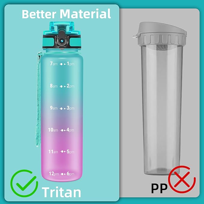 OLDLEY 32 oz Water Bottle, Motivational Water Bottle with Time Marker, Sports Water Bottle With Strap, Leakproof & BPA Free Large Water Bottles for School, Gym, Travel,Tritan,Green&Purple