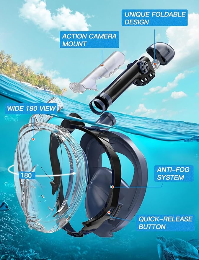 Zenoplige Full Face Snorkel Mask Adults,Dry-Top Snorkeling Gear with Camera Mount,Foldable 180-Degree Panoramic Scuba Mask for Snorkeling Diving Swimming Travel,Snorkel Mask Anti-Fog & Anti-Leak