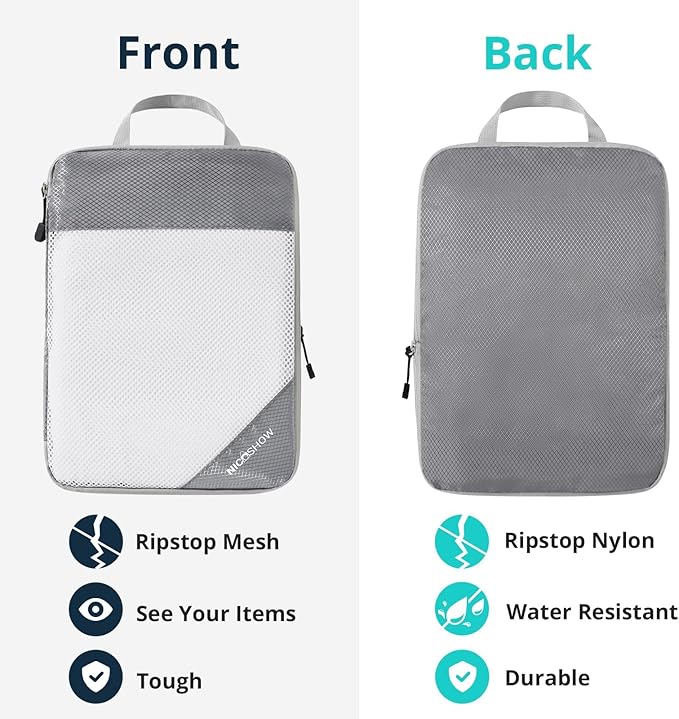 9 Set Compression Packing Cubes for Travel - Compressible, Lightweight, and Space-Saving Packing Cubes, Travel Essentials for Women, Grey